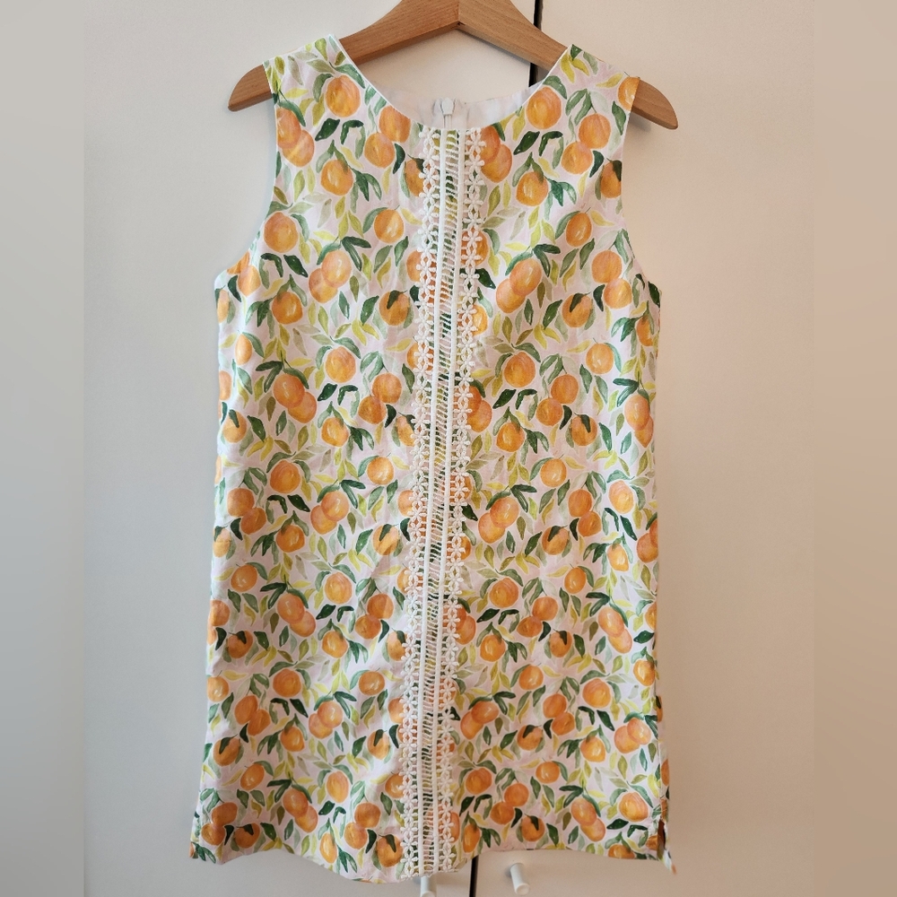 Girls' Peach Print Sleeveless Dress with Lace Trim